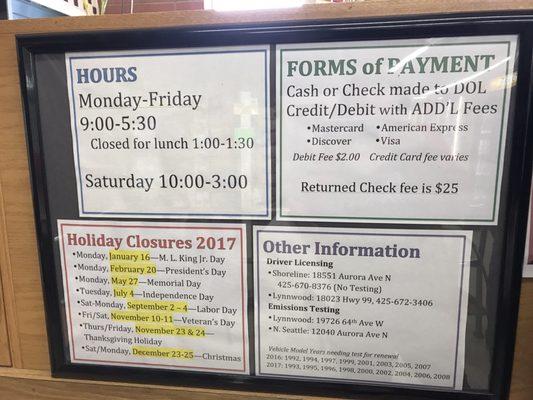 Hours, closed holidays, etc.