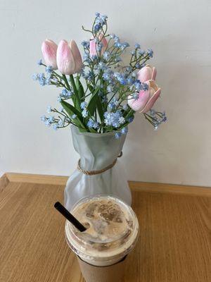 Pretty frosted glass vase and Iced Honey Latte