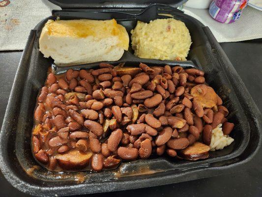 Red Beans and rice with sausags. Served with garlic bread and potato salad.