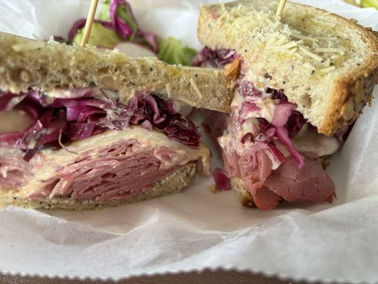 Inside shot of the Reuben sandwich