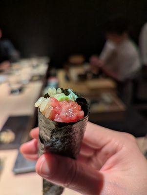 Negitoro Temaki. $25. Fatty tuna, wasabi, green onion. Supplements, Temaki.