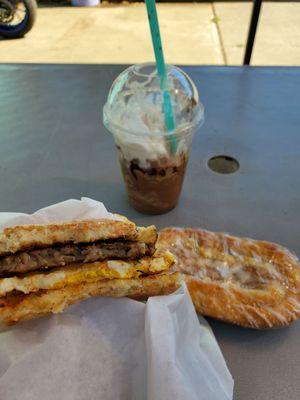 Sausage egg n cheese, apple pastry and a mocha frappy