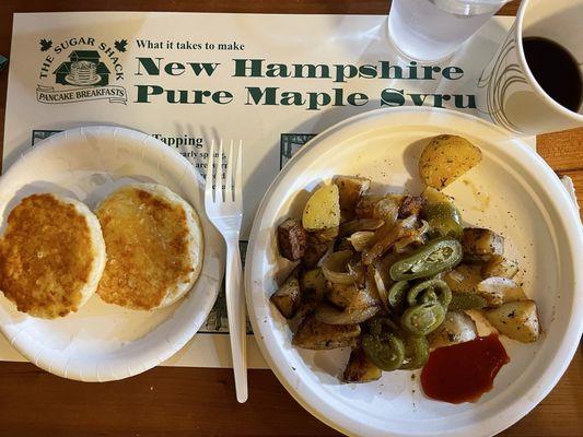 Grilled biscuit Home Fries with onions and jalapeño