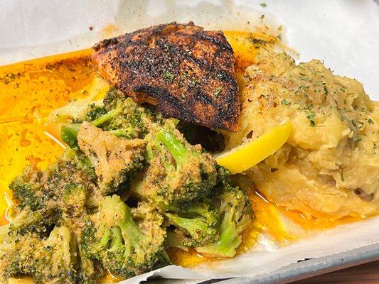 Salmon Filet, Broccoli and mashed potatoes in butter sauce