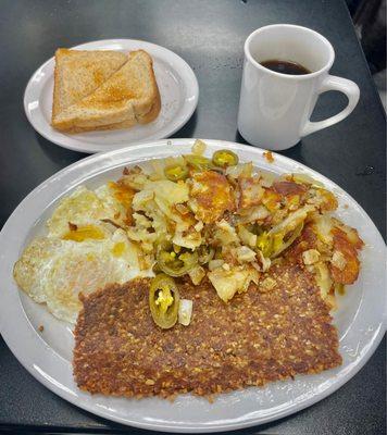 Eggs, goetta, home fries and toast