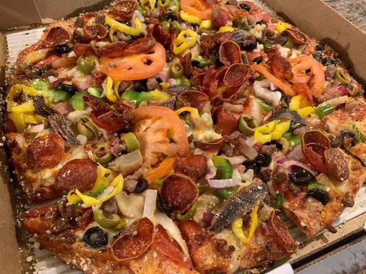 Deluxe with added just about all toppings!! Thin Crust