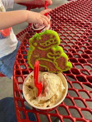 He gave me his Dino cookie but asked for it back shortly after. Kids Dino I've cream. Small cheesecake ice cream