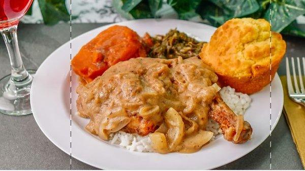 Smothered baked Chicken with Greens and Yams