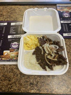 Steak & Onions with creamy Grits & Eggs