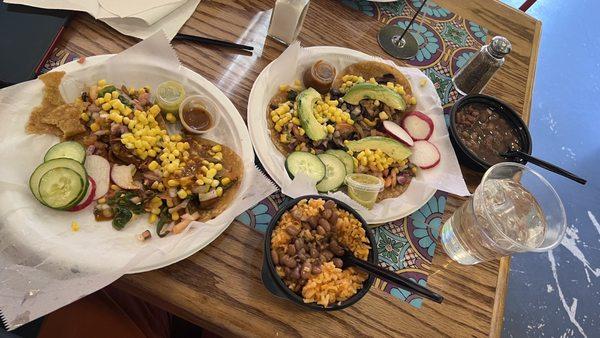 Poblano, chili tacos, mushroom tacos, and rice and beans! Yum Yum vegan not as Yum Yum as non-vegan but still Yum Yum!