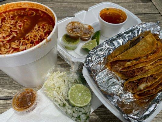 4 birria tacos and ramen could easily feed 2.