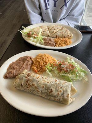 Barbacoa Burrito (Rice and Beans on the side) + Chicken Quesadillas