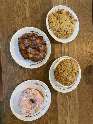 Mouth. Watering. S'mores cookie, apple fritter, oatmeal cream cookie, strawberry donut.