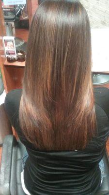 Root touch up+ Balayage with caramel highlights + trim by Ms. Endia