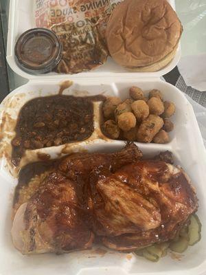 BBQ 1/2 Chicken Plate with 1 Premium Side Fried Okra and baked beans