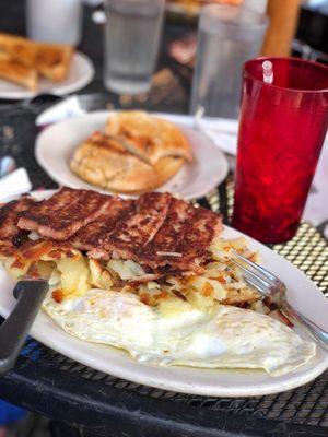 Breakfast special: Two eggs, American fries, corned beef hash and toast for $7.25.