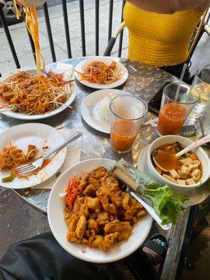 orange chicken  phad thai  tom yum soup  thai iced tea  fresh rolls