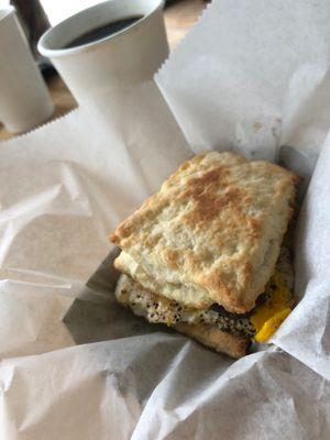 Breakfast Biscuit (you can select from a variety of meats and toppings on the chalkboard).  And a cup of coffee.