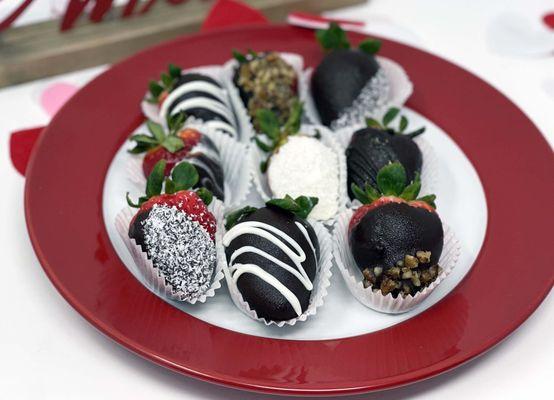 Chocolate covered strawberries available in orders of 9 or 4 berries.