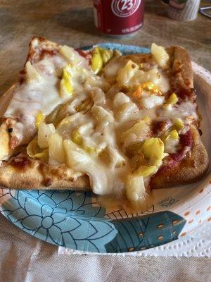 Personal pineapple banana pepper pizza.