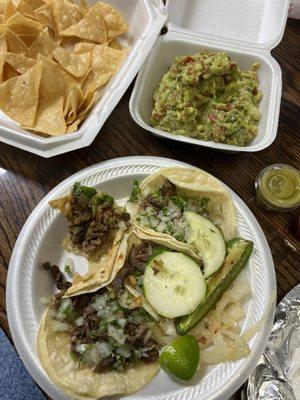 4 Carne Asada Tacos and Chips & Guacamole