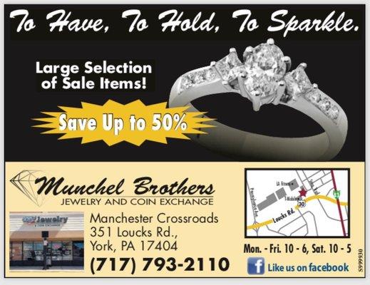 We always have great sales at Munchel Brothers!We have two 50% off showcases year round!