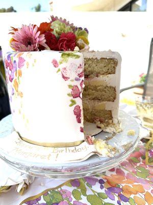 Lemon and strawberry cake (sliced).