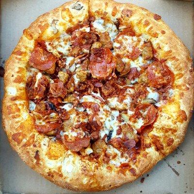 All meat all of the time! Pepperoni, bacon and hamburger.