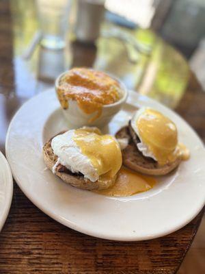 Salmon cake eggs Benedict with cheese grits