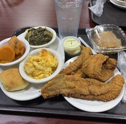 Catfish, Mac & Cheese, Greens, Sweet Potatoes, Roll, Caramel Cake