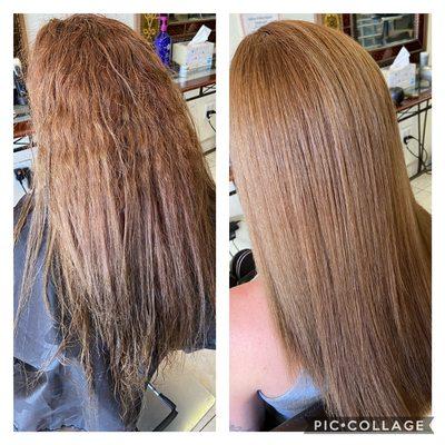 Before & after Japanese straightening at Cleo beauty salon