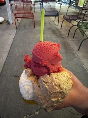 This is a three scoop cup with raspberry, coconut, and cappuccino.