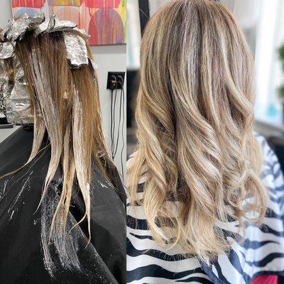 Foils with a root melt and some balayage techniques.