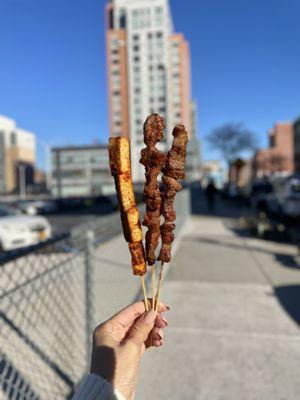 ig: @whatsviveating  |  fish tofu, lamb, and beef skewers