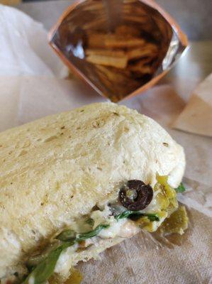 Tuna melt with choices vegetables and SunChips.