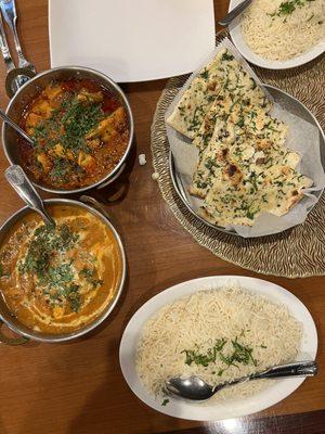 Vindaloo Masala, Butter Chicken, Plain Basmati Rice, Garlic Naan