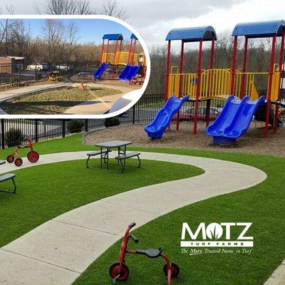 Before and after with synthetic turf installation at a local daycare in Cincinnati, Ohio. Have your daycare or school call us for a quote.