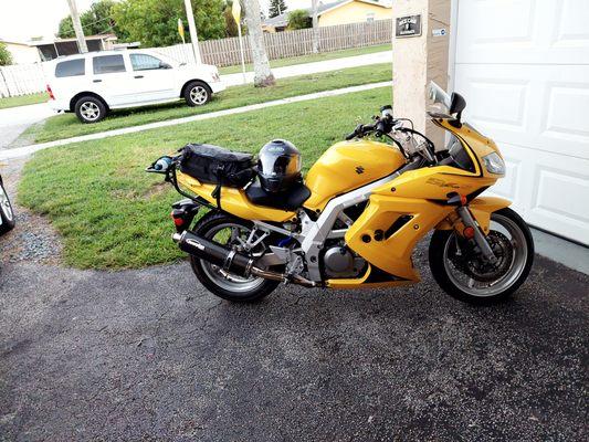 Bike after several repairs and upgrades, ie., lower fairing re-installed, stand offs correctly located, side stand modified, etc.