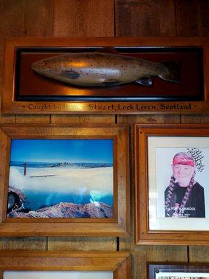 The fish caught in Scotland and  the photo of Willie Nelson, a country and folk singer, down home guy and San Francisco Bridge