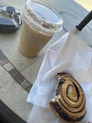 Iced coffee and chocolate danish