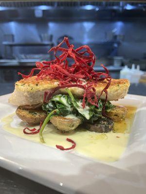 Alaskan Halibut over wilted spinach and roasted fingerling potatoes