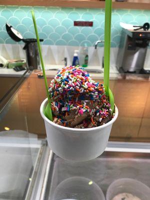 Mocha cookie Ice Cream in a Cup with sprinkles!! (Winter what winter)