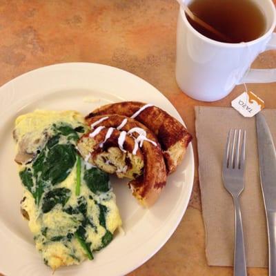 omelet bar, cinnamon roll, and chai tea-- 1pm on a Sunday, it's always hit or miss here