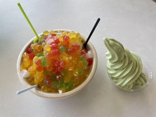 Left: Shaved ice with mix fruit (all the popping boba & jelly) & Right:  matcha soft serve