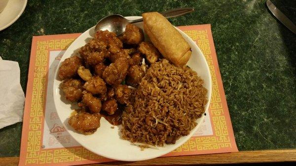 Generals chicken, egg roll and pork fried rice