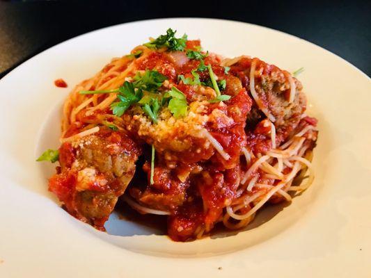 Close up of the Capellini with Meatballs