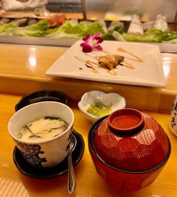 Chawan Mushi & miso soup w/ clams & fish