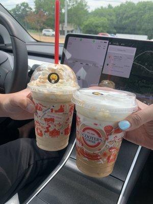 Blended Caramelicious and an Iced White Mocha with cold foam