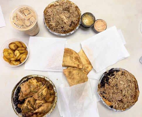 Chicken and pork plates, cheese and beef empanadas, maduros, iced coffee