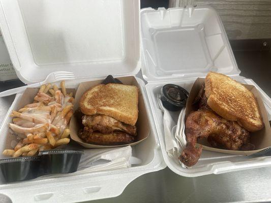 Queso fries, smoked wings, fried bologna, toast, and half chicken.